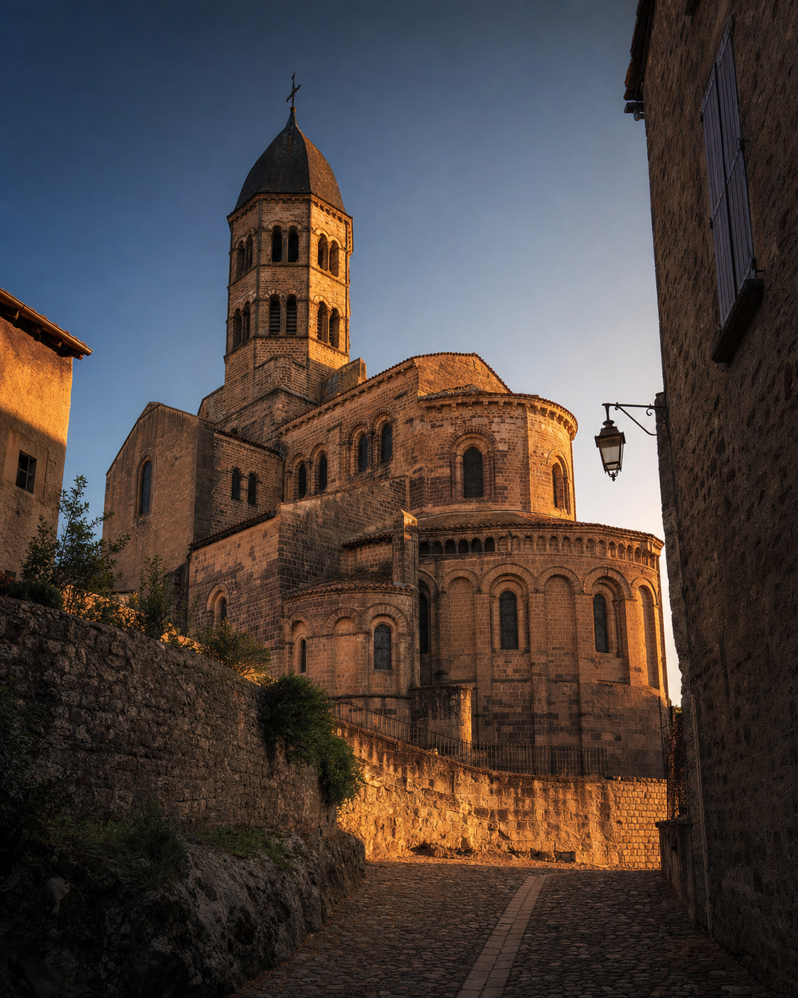 The Romanesque Basilica of Saint-Julien at dusk in Brioude