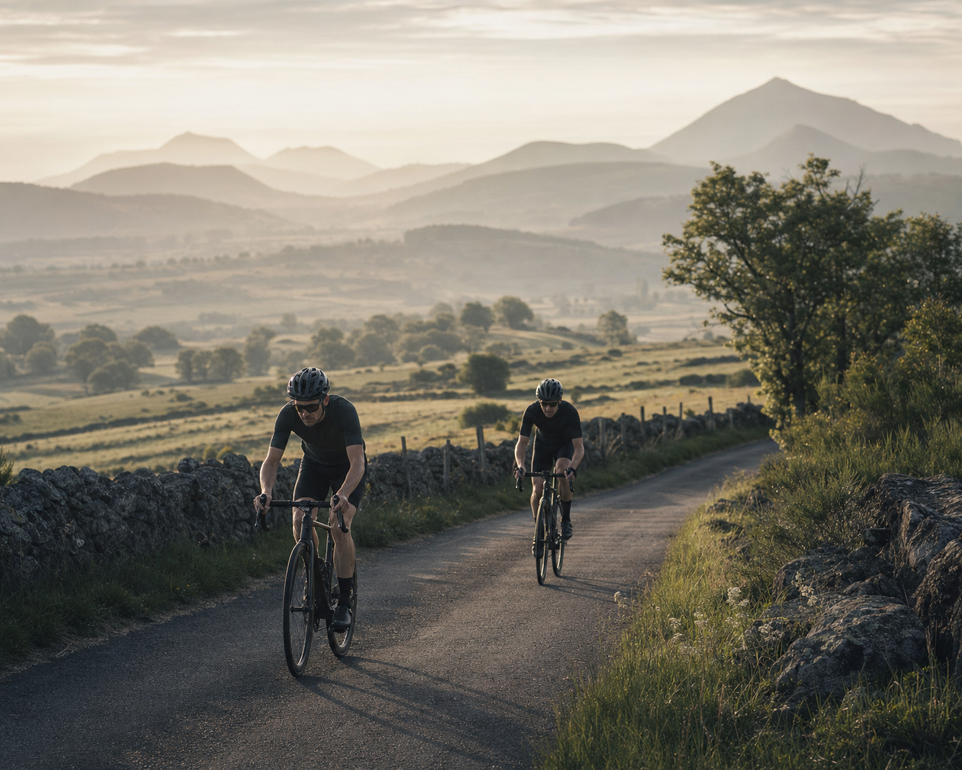 Road cyclists climbing a quiet Auvergne road at sunrise
