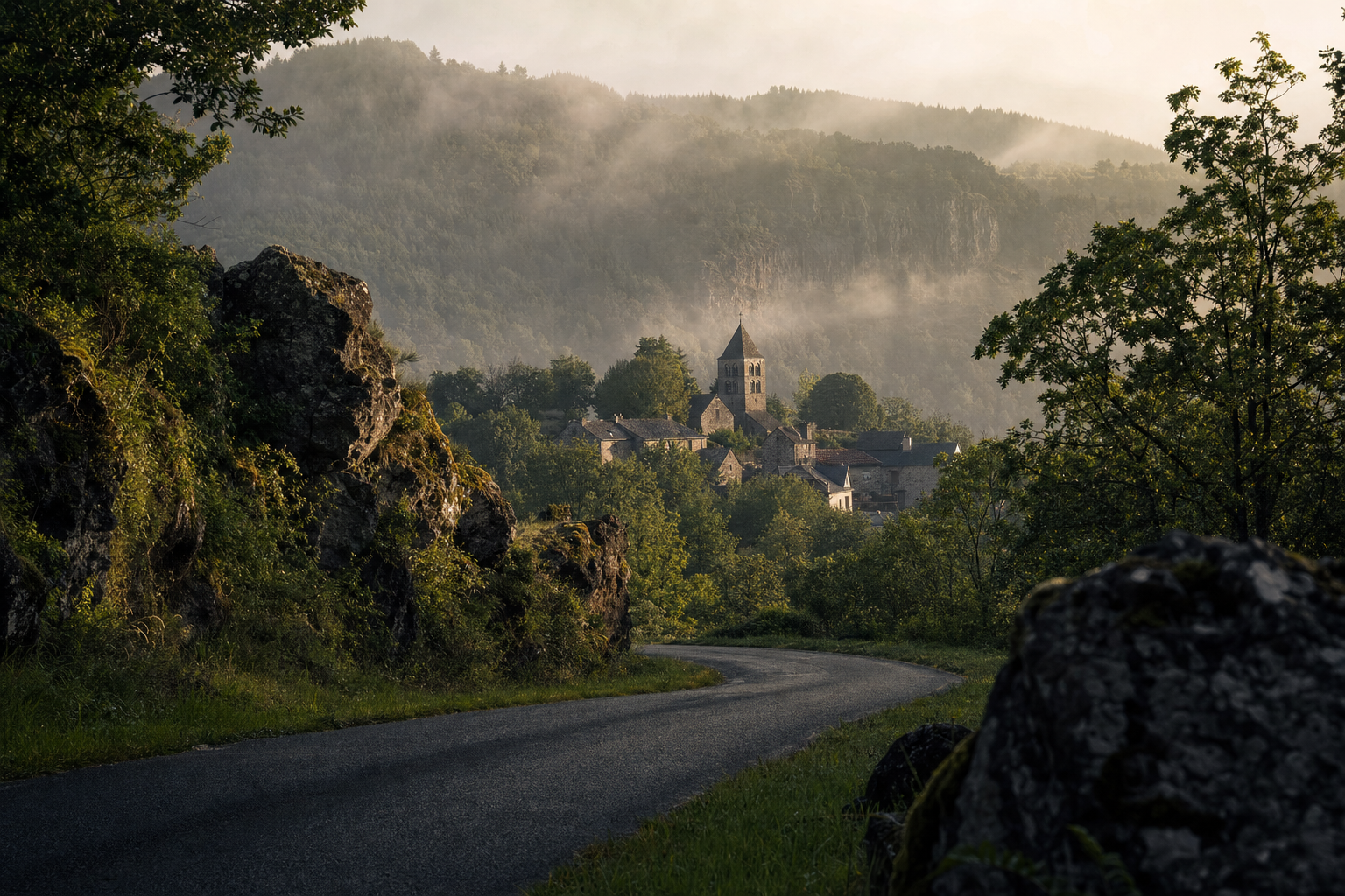 A quiet road descending toward an Auvergne village in morning mist